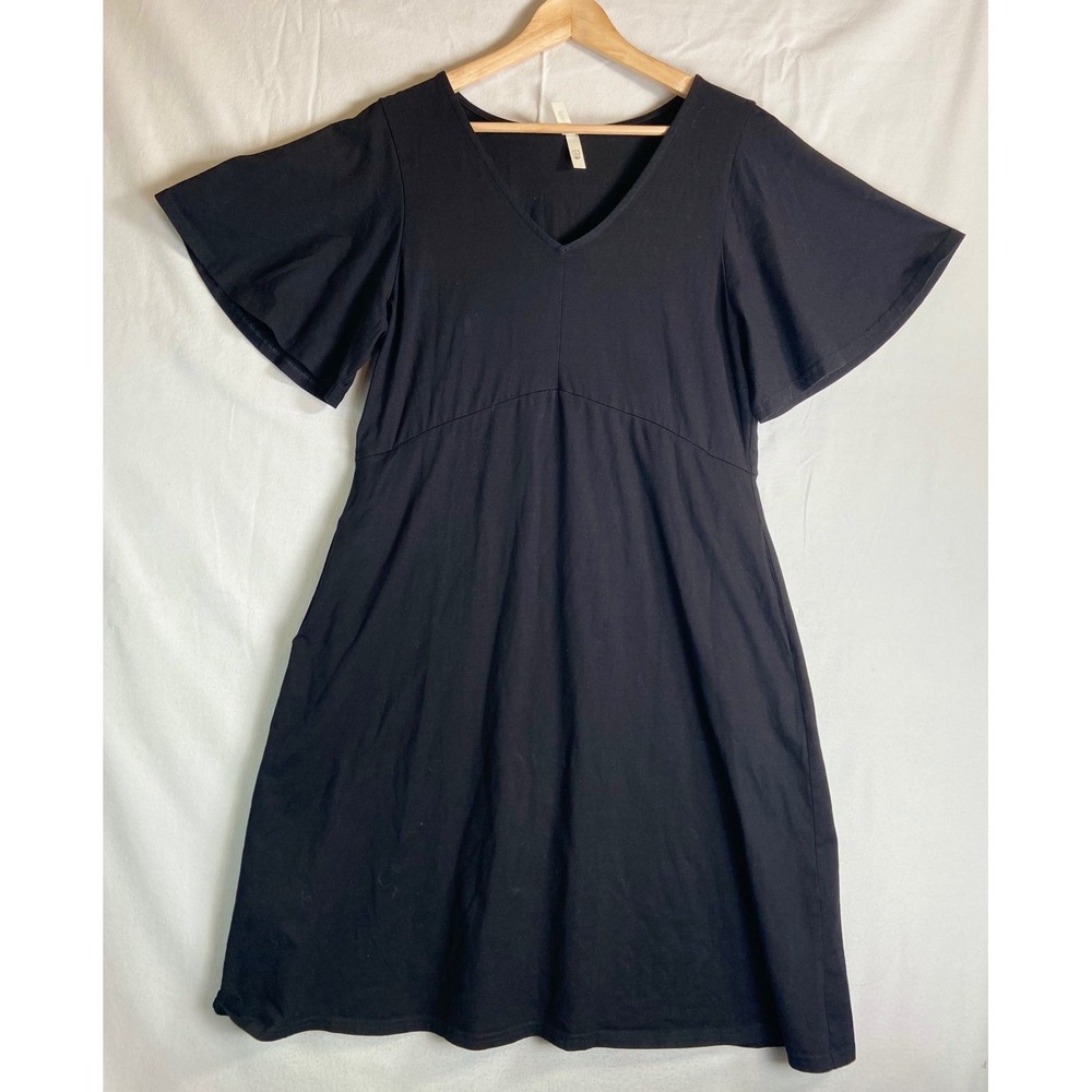 Pact Organic Women Flutter Sleeve V Neck Dress L Empire Waist A Line Minimalist